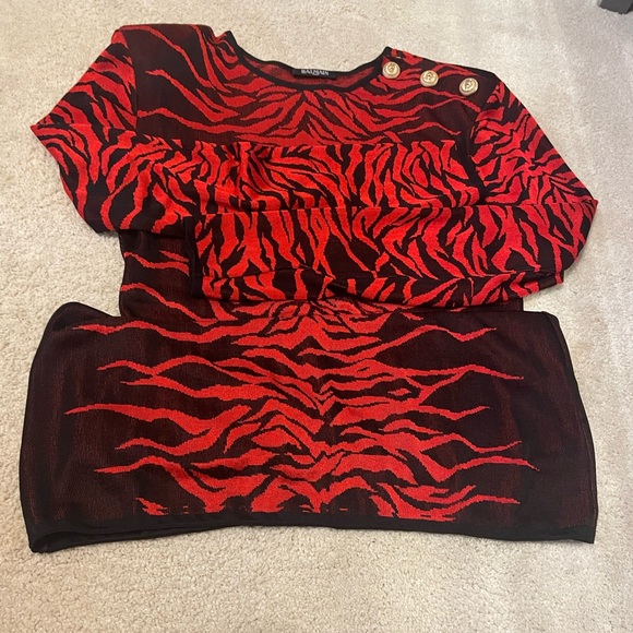 ❤️TRADED❤️Balmain zebra red black gold L button mini dress long sleeve 44 France - Picture 11 of 16